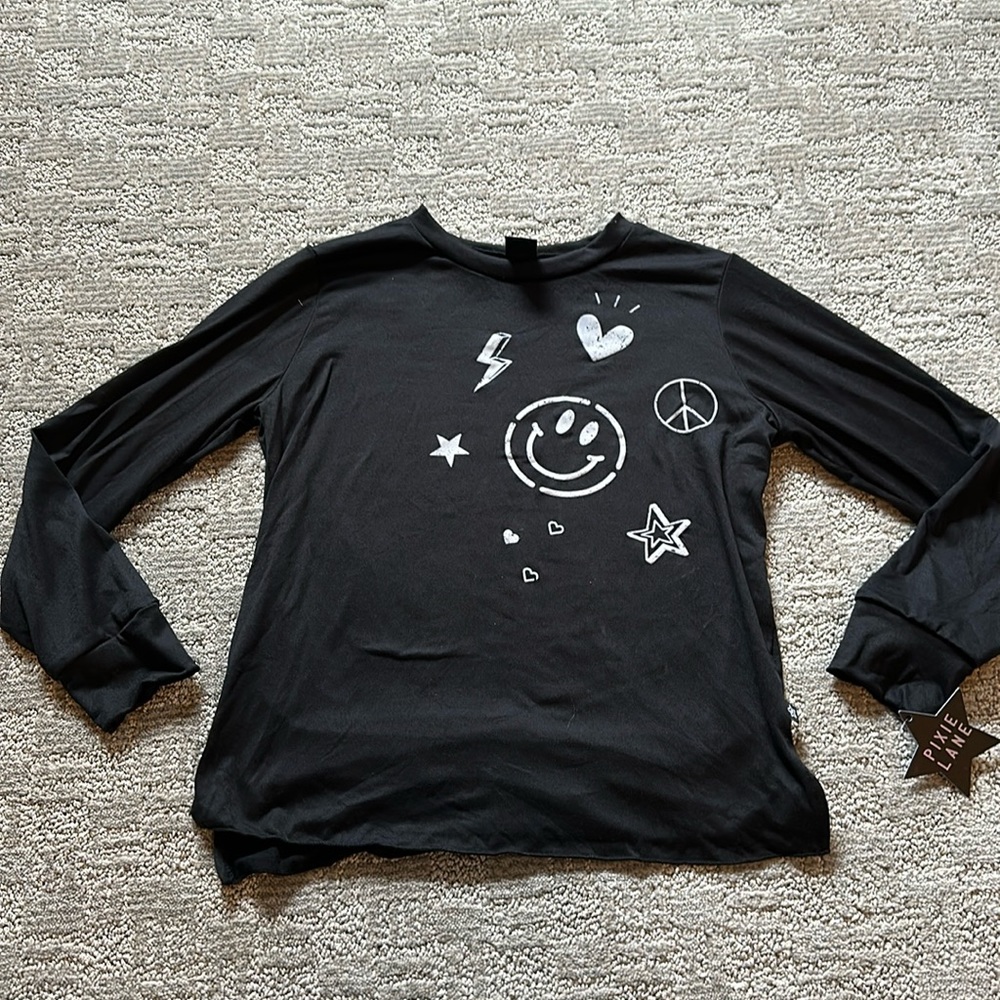 LS Emoji Black Shirt PixieLane NWT Size 9/10